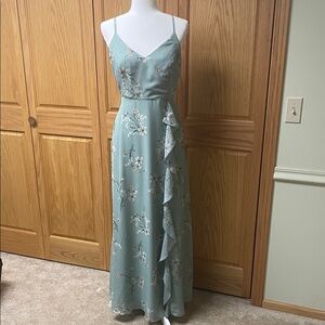 Birdy Grey Sage Green Floral Maxi Dress with Ruffle in Size Medium